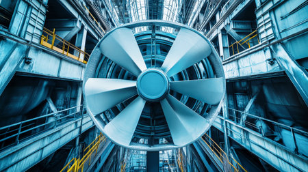 A large industrial fan in a cement factory stands out with its white and blue colors, contrasting its sleek surface against the rugged backdrop, showing casing industrial beauty.の素材