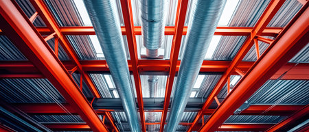 A contemporary warehouse interior reveals red steel beams and shiny metal pipes amid air leaks that create an intriguing smoke effect above.の素材