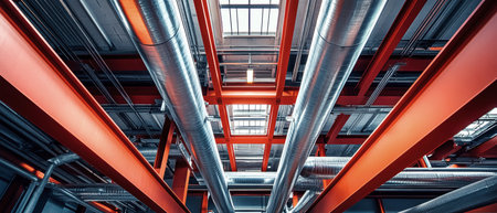 Bright daylight streams through vents in a modern warehouse, highlighting vibrant red beams and gleaming metal pipes. Smoke subtly escapes from ceiling leaks.の素材