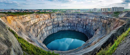 The vast open pit diamond mine showcases a brilliant turquoise lake at its base, contrasting with smooth, illuminated walls and encircling city buildings under a cloudy sky.の素材