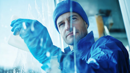 A dedicated window cleaning worker in a blue uniform meticulously clears glass surfaces using a squeegee.の素材