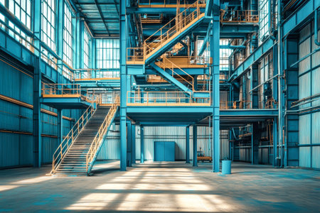 Bright sunlight streams through large windows, illuminating the blue metal structure of a waste processing facility.の素材