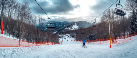 A skier gracefully descends a snowy hillside while a ski lift carries others above. Yellow tape and red nets mark the ski track, with snowflakes gently falling.の素材
