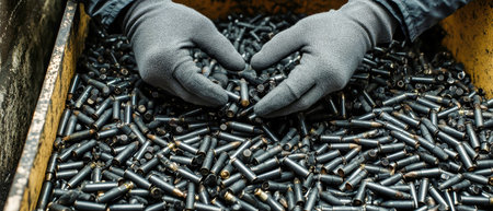 Gray gloved hands carefully collect black 6.5mm bullets from a cluttered ammunition depot, showcasing a mixture of objects and remnants on the floor.の素材