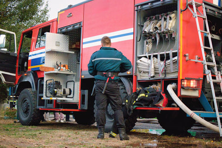 A dedicated firefighter stands beside a bright red fire truck, organizing gear and equipment on a...