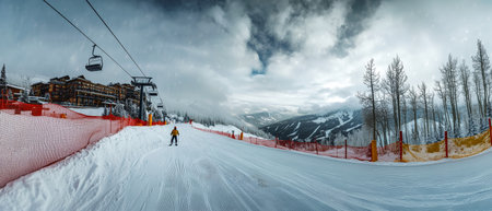 Snow falls softly as a skier carves down a slope, flanked by a ski lift and bold red nets. The rustic landscape captures the thrill of winter sports, inviting joy and excitement.の素材
