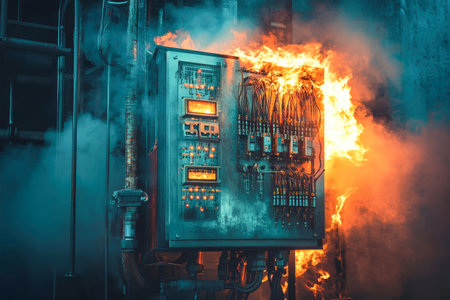 Flames rage through an electrical panel, creating a dramatic display of fire, smoke, and electrical discharge amidst a contrasting, industrial backdrop.の素材