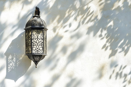 Bathed in warm sunlight, an Arabic lantern casts intricate shadows on a white wall, evoking a serene atmosphere reminiscent of Ramadan festivities.の素材