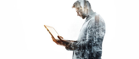 A businessman focuses intently on his laptop and tablet, surrounded by a digital cityscape that symbolizes progress and technological advancement.の素材