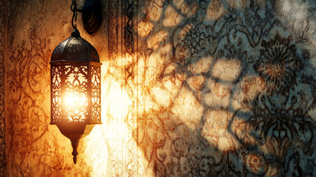 Soft sunlight streams through an ornate fanoos, casting gentle shadows on a textured wall with traditional Arabic designs, creating a serene Ramadan atmosphere.の素材