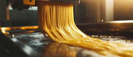Golden strands of fresh pasta are expertly extruded from a machine, showing the artistry and tradition of Italian culinary craftsmanship in a rustic setting.の素材