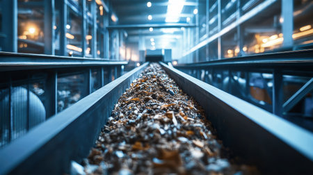 A long black conveyor belt transports a mix of waste, sand, and wood inside a sleek, futuristic metal recycling facility illuminated by blue lights.の素材