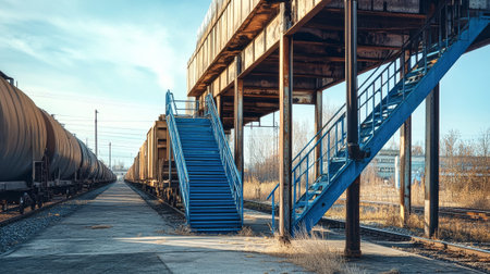 A vibrant freight station showcases blue metal stairs leading to parked freight cars, nestled in a sprawling landscape under a clear blue sky.の素材