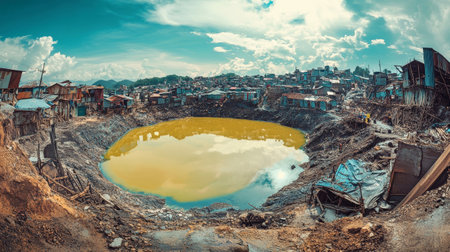Deep in a gold mine, a large pit filled with shimmering water contrasts with a backdrop of makeshift dwellings, illustrating the intersection of nature and urban life.の素材