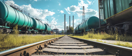 Green freight wagons line the platform of an industrial site, framed by grass and sunlight, showing the harmony between nature and machinery in daylight.の素材