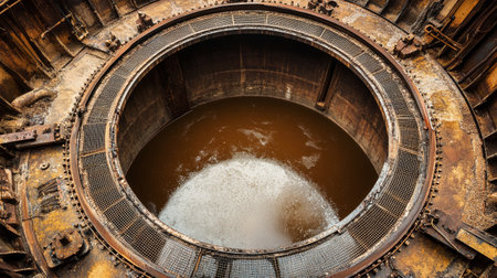 This aerial view reveals a round sludge tank filled with brown liquid, framed by rust-colored metal and a mesh cover, highlighting industrial water treatment operations.の素材