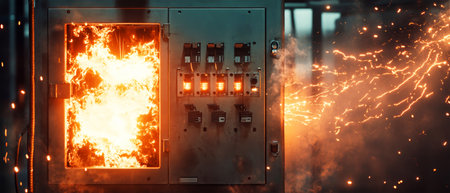 Flames erupt from an electrical panel as sparks fly and smoke envelops the area, showcasing the chaotic beauty of a short circuit in a captivating and dramatic manner.の素材