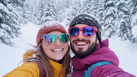 Happy couple smiles widely while taking a selfie on a snowy day at a ski resort. Colorful sunglasses and a vibrant winter landscape create a cheerful atmosphere.の素材
