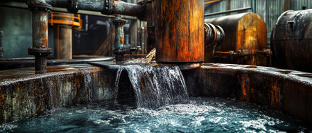 In an industrial setting, molten metal is poured into a tank of rusted pipes, while clear water flows down, showing the dynamic interaction of elements in a vivid contrast.の素材