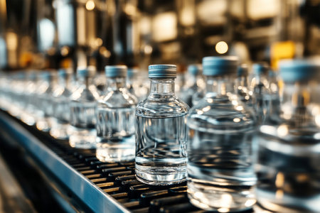 Bottles of clear vodka travel smoothly on a production line, reflecting light and embodying the meticulous craftsmanship present in a rustic distillery setting.の素材