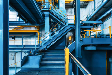 Bright blue metal structures dominate the interior of a waste processing plant, featuring an intricate staircase and a playful area for workers, blending function with design.の素材