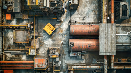 A stunning aerial view highlights the intricate layout of a factory filled with machinery, pipes, and textured surfaces. Rust and shine merge in this dynamic industrial landscape.の素材