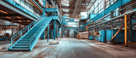 Interior view of a recycling plant showing a blue metal frame and stairs, emphasizing a sustainable approach to waste management and energy production.の素材