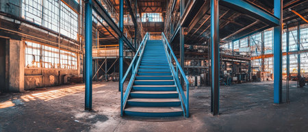 Inside a cardboard and glass recycling plant, a striking blue metal staircase ascends through an expansive industrial space filled with natural light.の素材