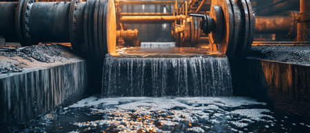 Molten metal is skillfully poured into a tank while water flows continuously to fill the space.の素材