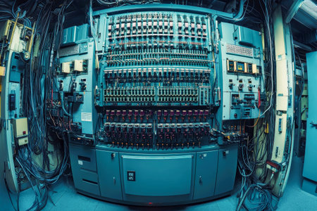 Vibrant blue tones dominate this electric panel showing intricate wiring and advanced control systems, essential for managing a power plant's operations efficiently.の素材