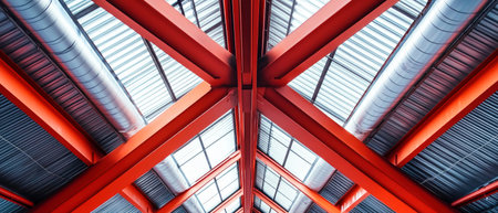Within the industrial warehouse, red steel beams intertwine with silver metal, providing a striking aesthetic while air leaks through, creating a smoky atmosphere above.の素材