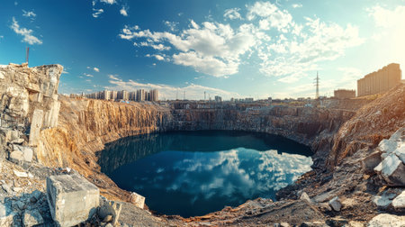 Nestled at the base of a gold mine, a tranquil water-filled pit mirrors the cityscape under a vibrant sky, showing nature's beauty amidst urban life.の素材