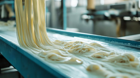 Threads of fresh pasta flow down a conveyor belt in a factory, reflecting traditional Italian techniques. The light blue tones enhance the rustic ambiance.の素材