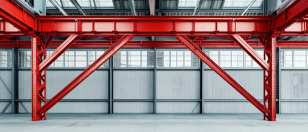 Bright and spacious interior showcases bold red steel beams and streamlined metal air conditioning pipes against a rustic gray backdrop, reflecting industrial aesthetics.の素材