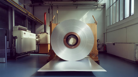 A large roll of aluminum foil is being processed by a tape wrapping machine in an industrial factory, capturing its intricate texture and reflective quality.の素材