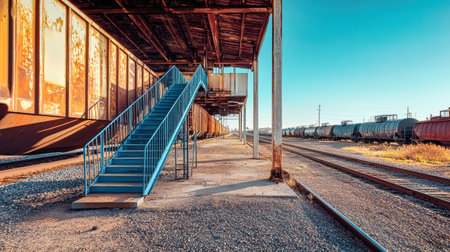 Under a clear sky, a freight train rests beside an industrial structure. Blue metal stairs add contrast to the rugged surroundings of the railway station.の素材
