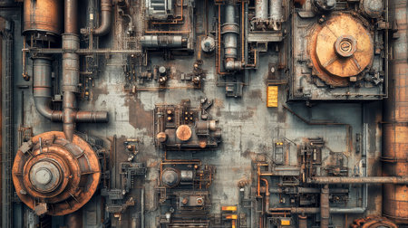 Captured from a bird's-eye perspective, this bustling factory highlights an array of machines and rusted pipes, showcasing modern manufacturing technology and textures.の素材