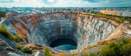 A breathtaking view of a massive flooded quarry, showing the stunning contrast between nature and city buildings above.の素材