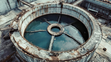 Aerial perspective captures the industrial thickener, showing its circular structure and dark liquid surrounded by a rustic landfill. The scene exudes an industrial atmosphere.の素材
