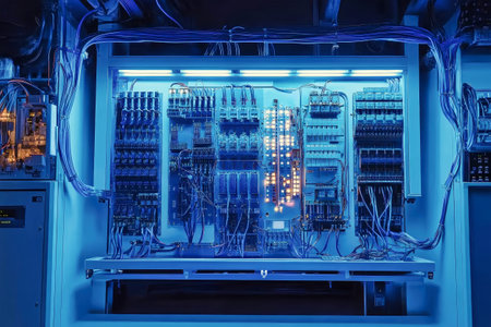 A detailed view of an advanced electrical panel filled with microprocessors, illuminated in blue tones, featuring numerous connections to an industrial switch cabinet.の素材