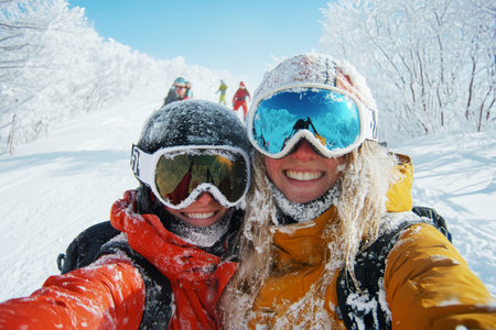 A blissful couple enjoys a snowy day, smiling while taking a selfie amidst the breathtaking mountain scenery and fellow skiers.の素材