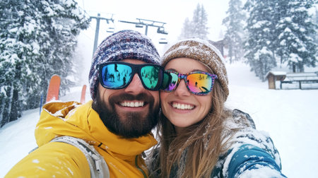 A cheerful couple enjoys a snowy day at a ski resort, smiling wide while taking a fun selfie. The surrounding winter forest adds to the picturesque landscape.の素材