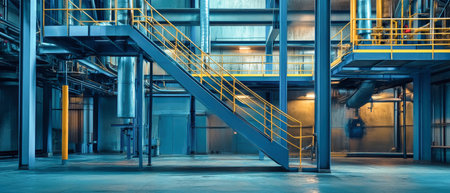 Inside a cutting-edge waste processing plant, a blue metal staircase leads to an upper platform, complemented by a colorful playground for workers' relaxation.の素材