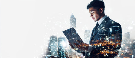 A businessman focuses intently on his laptop and tablet, surrounded by a stunning cityscape, symbolizing innovation in digital marketing.の素材