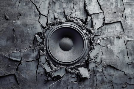 A striking black subwoofer integrates with cracked concrete texture, complementing a dark gray abstract wallpaper ideal for vibrant DJ parties.の素材