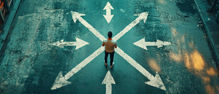 A man stands thoughtfully at a bustling crossroad, surrounded by arrows pointing in various directions. This moment captures the essence of choice in a lively environment.の素材