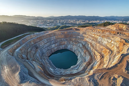 A vast open pit diamond mine reveals a flooded abyss surrounded by earthy layers, contrasted by a serene city skyline at dawn, showing nature's raw beauty.の素材