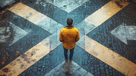 A man in a vibrant jacket stands at a crossroad, surrounded by arrows indicating multiple paths, reflecting on his future and choices.の素材