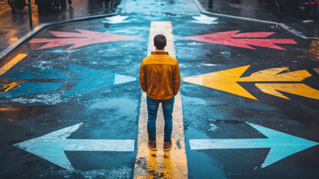 Standing at a bustling crossroad, a man faces a myriad of choices. Surrounded by vibrant arrows, each direction symbolizes potential futures waiting to unfold.の素材