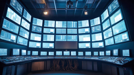 A sophisticated industrial control cabinet features numerous LED screens illuminating a well-organized space filled with carefully arranged electrical wires.の素材